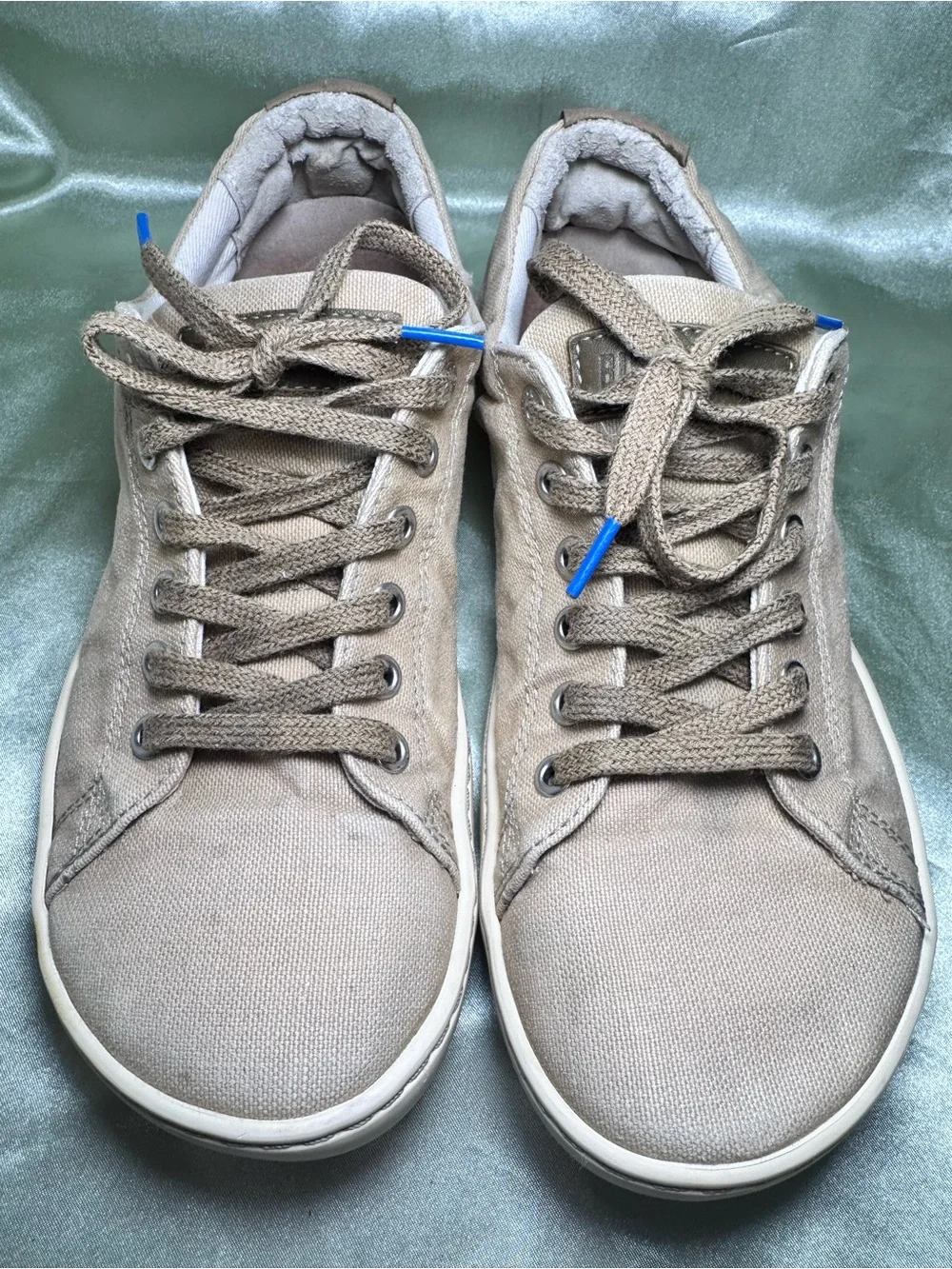 Birkenstock Vintage Canvas Lace Up Sneakers Tan Cream Blue Logo Tread EU 37 US 6